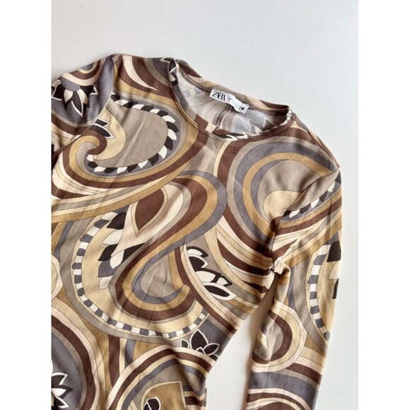 ZARA Beige Brown Graphic Print Knit Long Sleeve Bodycon Maxi Dress, Size M - Picture 6 of 15
